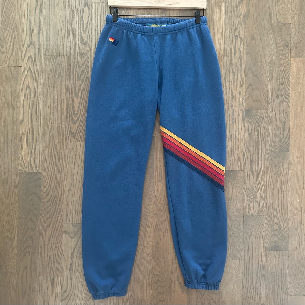 Aviator Nation Stripe Sweatpants in Ocean Blue with Red, Orange, Yellow Large